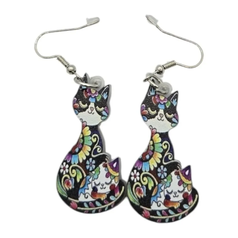 Colorful Folk Art Black Cat Earrings | Floral Acrylic Dangle Pierced Jewelry NWT